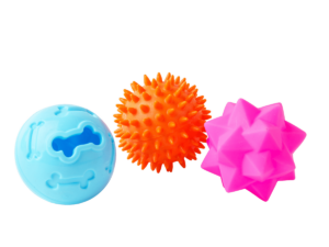 Blue, orange, and pink dog chew toys